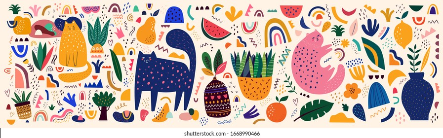 Doodles collection. Decorative abstract horizontal banner with colorful doodles. Hand-drawn modern illustration with cats, flowers, abstract elements