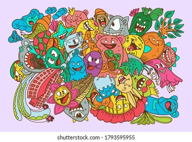 Doodles Color Monsters Collection Set Illustration Stock Vector ...