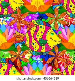 Doodles colorful fishes on floral background. Vector illustration.