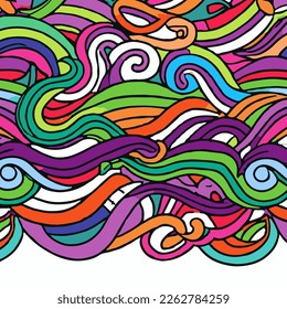 Doodles With Colourful Waves Background. Handmade vector art.