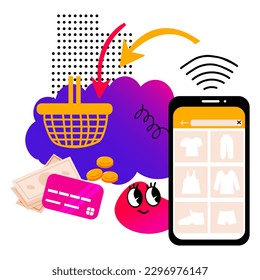 Doodles. Consumer basket. Choice products online. Ordering clothes, paying for purchase with credit card on the website.  Internet shopping at computer.  Abstract cute geometric elements. Vector