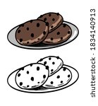 Doodles of сhocolate cookies. Hand drawn vector illustration. Realistic vintage sketch of food. Set of black contour and color elements isolated on white. Design, decor, print, card, sticker, poster.