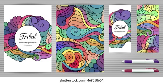 Doodles Corporate Identity and Stationery Templates Set . Colorful zentangle doodle design. Ethnic tribal wavy vector set of illustrations. Document, Book Cover, Flyer, Business Card and Pen.