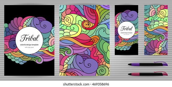 Doodles Corporate Identity and Stationery Templates Set . Colorful zentangle doodle design. Ethnic tribal wavy vector set of illustrations. Document, Book Cover, Flyer, Business Card and Pen.