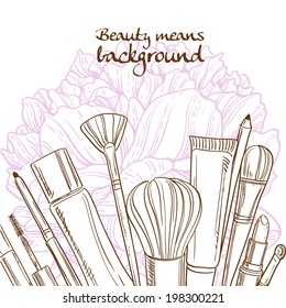 Doodles of cosmetic means on pink peony flower background