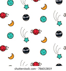 Doodles cosmic colorful seamless vector pattern. Icon planets galaxy texture.