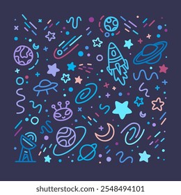 Doodles with cosmic objects on dark background