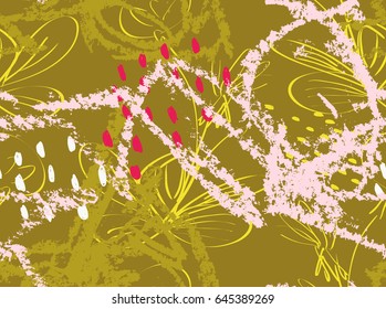 Doodles with crayon texture rough drawn dandelion flower and garden.Abstract seamless pattern. Universal bright background for greeting cards, invitations. Had drawn ink and marker watercolor texture.