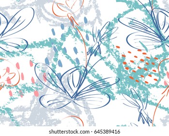 Doodles with crayon texture rough drawn dandelion flower and garden.Abstract seamless pattern. Universal bright background for greeting cards, invitations. Had drawn ink and marker watercolor texture.