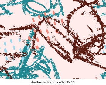 Doodles with crayon texture rough drawn.Abstract seamless pattern. Universal bright background for greeting cards, invitations. Had drawn ink and marker watercolor texture.
