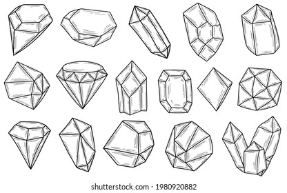 Doodles crystals isolated line set. Hand drawn vector illustrations coloring collection. Sketch for a tattoo and stickers.