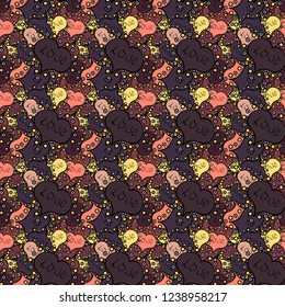 Doodles and curls. Yellow, brown and black colors on background With Ornaments, Hearts. Invitation, menu, flyer, template. Vector. Love. Seamless Happy valentines day and wedding design elements.