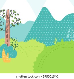 Doodles cute backdrop spring theme. Color vector poster. Illustration with mountains, trees and flowers. Design for prints.