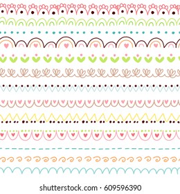 Doodles lindas fronteras. Colección de elementos vectoriales de color. Ilustración con curvas y corazones, puntos y círculos. Diseño para impresiones y tarjetas.