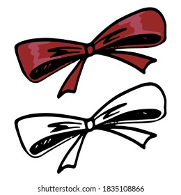 Doodles of cute bow. Hand drawn vector illustration. Realistic vintage sketches. Set of black contour and color elements isolated on white. For holiday design, decor, prints, card, stickers, poster.