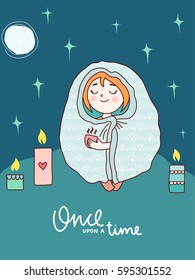 Doodles cute card. Color vector poster with lettering. Illustration with girl and candles, stars and tea. Design for prints.