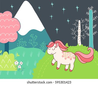 Doodles cute card, spring theme. Color vector scene. Illustration with pony and mountain, trees and flowers. Design for prints.