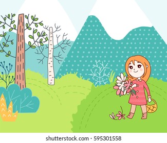 Doodles cute card, spring theme. Color vector scene. Illustration with girl and mountains, trees and flowers. Design for prints.