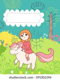 Doodles cute card, spring theme. Color vector poster with text bubble. Illustration with girl and pony, trees and flowers. Design for prints.