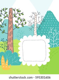 Doodles cute card, spring theme. Color vector poster with text bubble. Illustration with trees and flowers, mountains and grass. Design for prints.