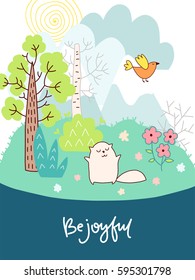 Doodles cute card, spring theme. Color vector poster with lettering. Illustration with bird, cat and flowers, trees and clouds. Design for prints.
