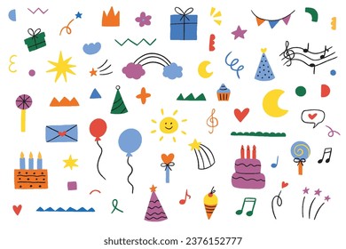 Los doodles adorables elementos simples de color conjunto. Formas abstractas de tiza dibujadas a mano para saludos y celebraciones. Ilustración del vector aislada en fondo blanco