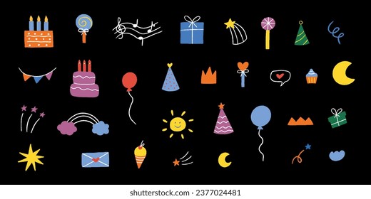 Doodles cute colored simple elements set. Hand drawn chalk abstract shapes for greetings and celebration. Vector illustration isolated on black background