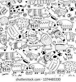 Doodles with cute dogs. Seamless vector pattern in Doodle style