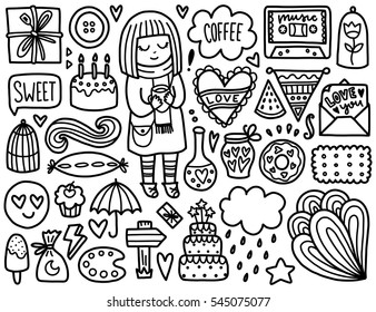 Doodles Cute Elements Black Vector Coloring Page Illustration With Hearts And Cake Girl
