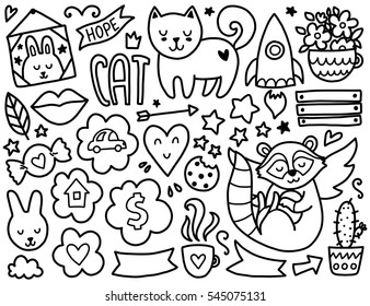 Doodles cute elements. Black vector coloring page. Illustration with hearts and flowers, animals and coffee, clouds and stars. Design for prints and cards.