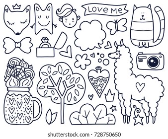 Doodles cute elements. Black vector items. Illustration with llama and sweets, tree and animals, cloud and camera. Design for prints and cards.