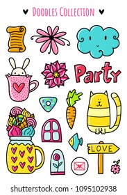 Doodles cute elements. Color vector items. Illustration with stickers. Design for prints and cards.