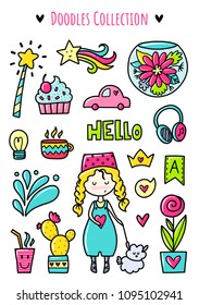 Doodles cute elements. Color vector items. Illustration with stickers. Design for prints and cards.
