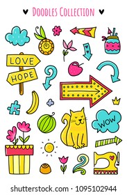 Doodles cute elements. Color vector items. Illustration with stickers. Design for prints and cards.