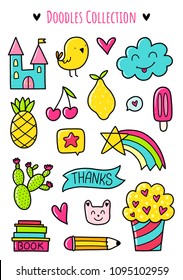 Doodles cute elements. Color vector items. Illustration with stickers. Design for prints and cards.