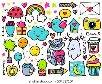 Doodles cute elements. Color vector items. Illustration with hearts and flowers, animals and tea, cloud and stars.