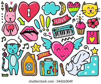 Doodles cute elements. Color vector items. Illustration with hearts and flowers, animals and lips, cloud and stars. Design for prints and cards.
