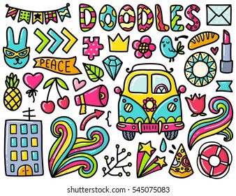 Doodles cute elements. Color vector items. Illustration with hearts and flowers, rabbit and house, bird and bus. Design for prints and cards.