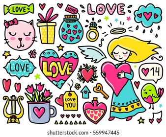 Doodles cute elements. Color vector items. Illustration with hearts and flowers, cat and bird, cloud and girl. Design for prints and cards. Valentine's day theme poster.