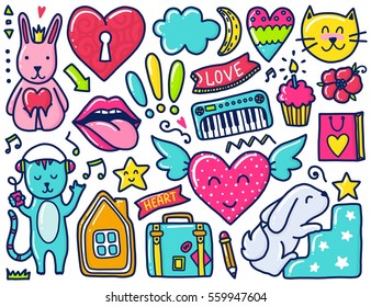 Doodles cute elements. Color vector items. Illustration with hearts and flowers, animals and lips, cloud and stars. Design for prints and cards.