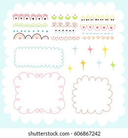 Doodles cute elements. Color vector items collection. Illustration with borders and stars, frames and shapes. Design for prints and cards.