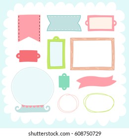 Doodles cute elements. Color vector items collection. Illustration with frames and shapes, ribbons and circles. Design for prints and cards.