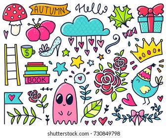 Doodles cute elements. Color vector items. Illustration with cloud and flowers, roses and leaves, hearts and stars. Design for prints and cards.