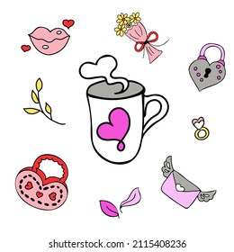 Doodles cute elements.  Illustration with cup with heart,  letter,  lips, bouquet of flowers, bag with heart. Design for prints and cards. Valentine's day theme poster.