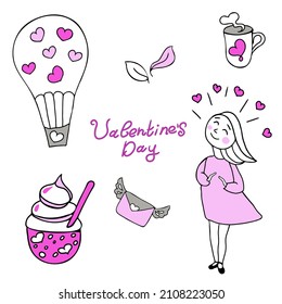 Doodles cute elements.  Illustration with leaves, balloon, letter, ice cream, a cup with a heart and girl. Design for prints and cards. Valentine's day theme poster.