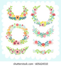 Doodles cute elements, spring theme. Color vector items collection. Illustration with floral frames and leaves. Design for prints and cards.