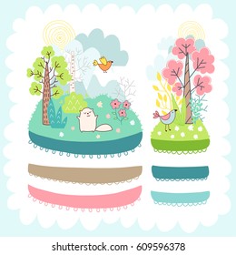 Doodles cute elements, spring theme. Color vector items collection. Illustration with ribbons and borders, cat and birds, trees and flowers. Design for prints and cards.