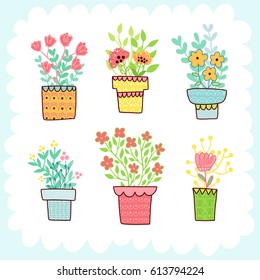 Doodles cute elements, spring theme. Color vector items collection. Illustration with pots, leaves and flowers. Design for prints and cards.