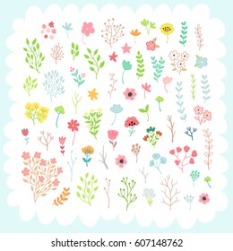 Doodles cute elements, spring theme.Illustration with leaves and flowers. 