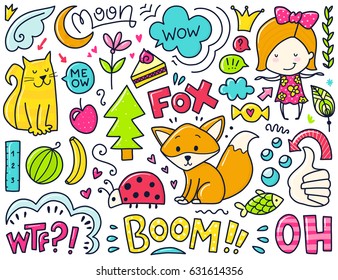 Doodles cute isolated elements. Color vector items. Illustration with cat and fox, girl and lettering, cloud and moon.